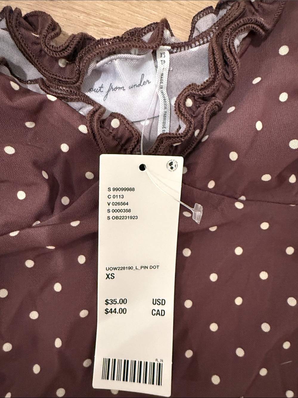 Urban Outfitters Out From Under Brown/Cream Polka Dot Ruffle Tank Top - Picture 2 of 2